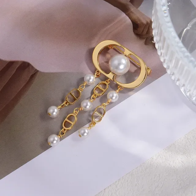 Broche Dior Oblique Pérola Dourado Branco Oval Fecho Moldura Pingente Franjas 2