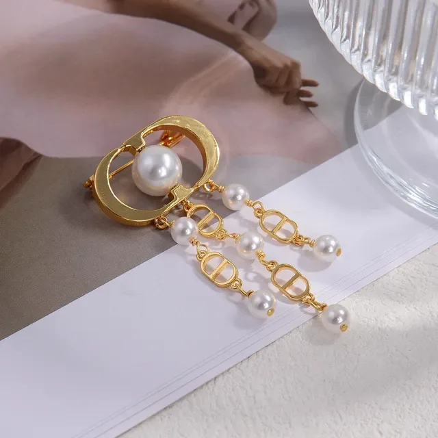 Broche Dior Oblique Pérola Dourado Branco Oval Fecho Moldura Pingente Franjas 4