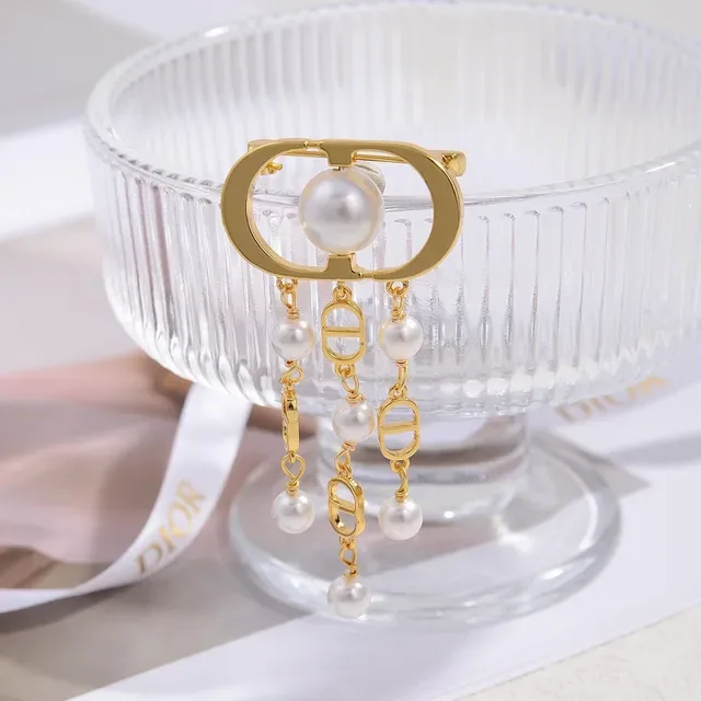 Broche Dior Oblique Pérola Dourado Branco Oval Fecho Moldura Pingente Franjas 5