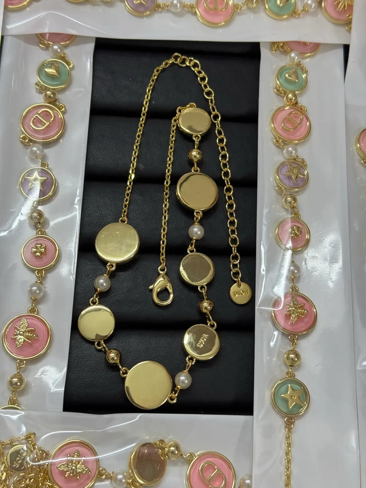 Dior Pink Gold Chain Enamel Disc Charms Necklace 2