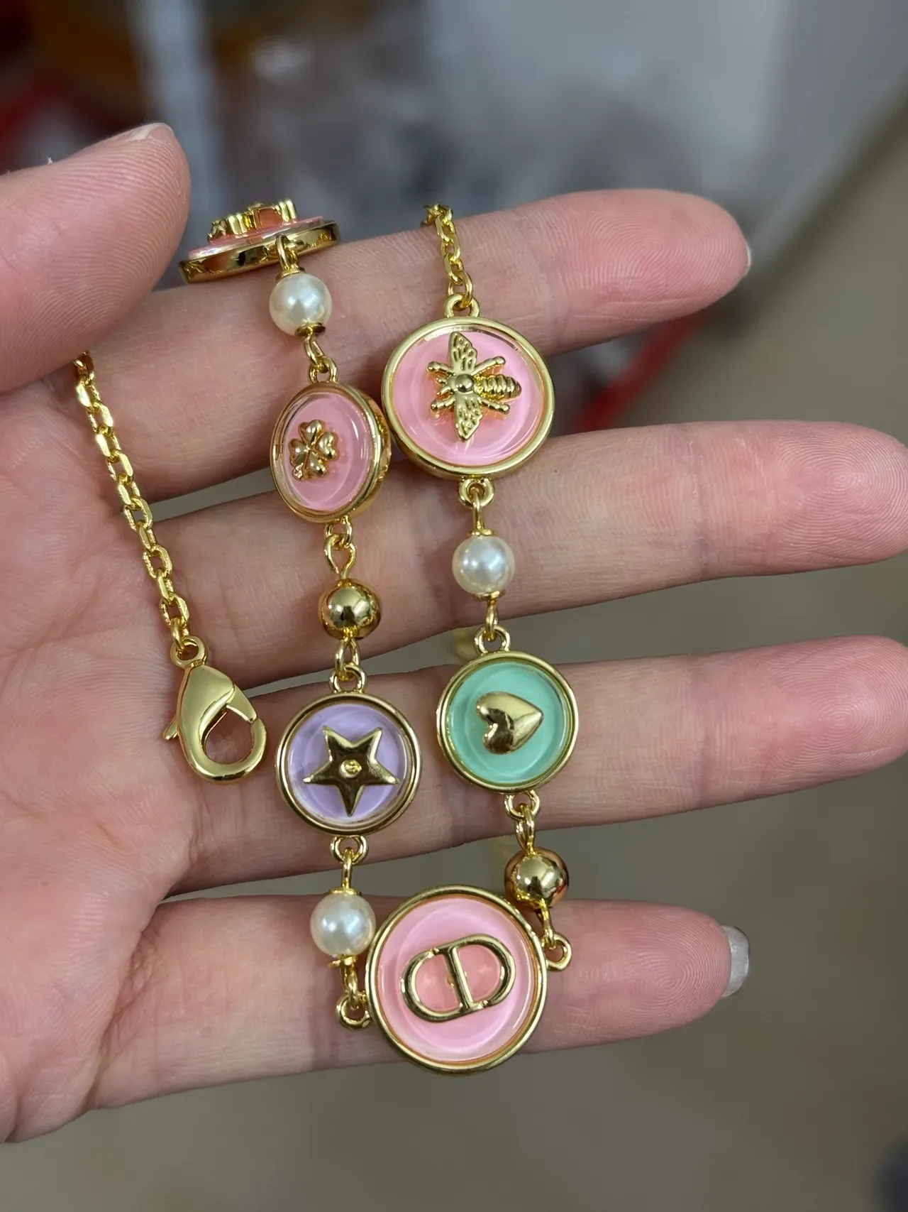 Dior Pink Gold Chain Enamel Disc Charms Necklace 4