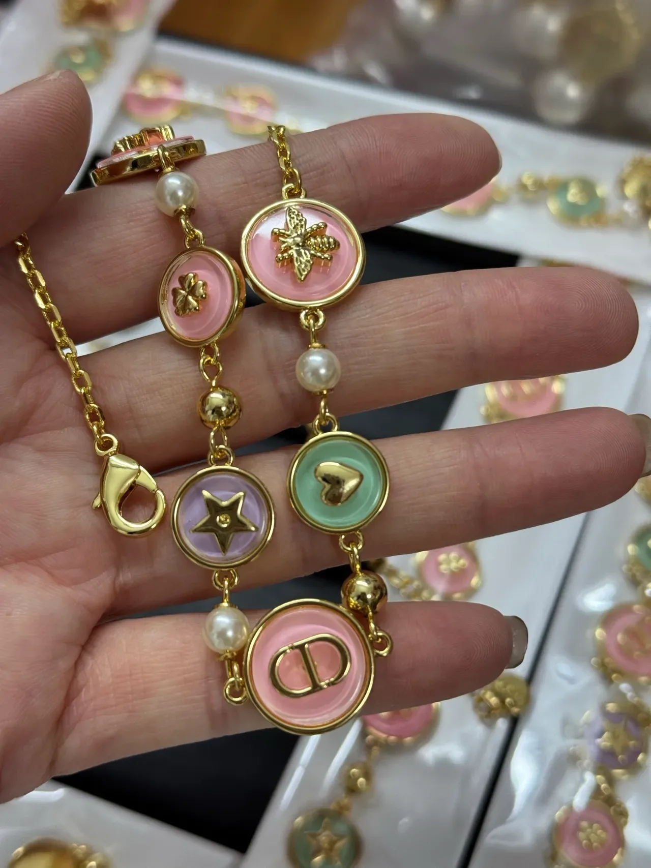 Dior Pink Gold Chain Enamel Disc Charms Necklace 5