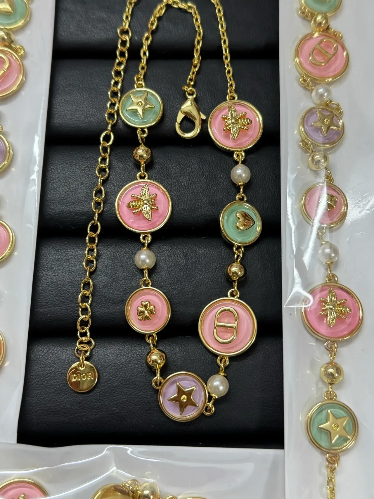 Dior Pink Gold Chain Enamel Disc Charms Necklace 6