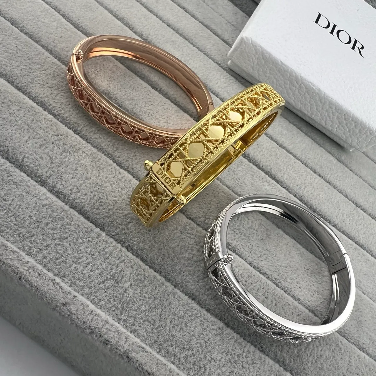 Dior Silver Gold Openwork Lattice Hinged Cuff Bracelet 7