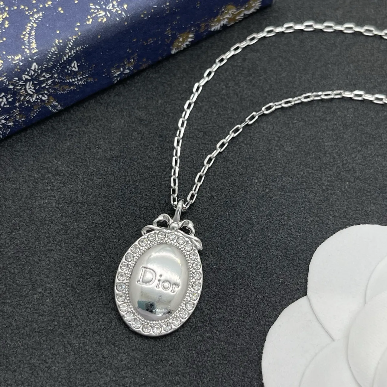 Dior Silver Oval Locket Pendant Crystal-Encrusted Bezel Necklace 6
