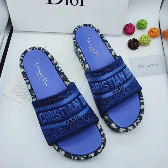 Dior Slide Blue Black Woven Strap Monogram Trim Slippers 6