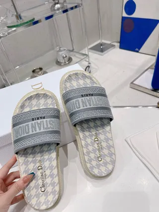 Dior Slide Gray Beige Houndstooth-Print Upper Embroidered Logo Strap Slippers 5