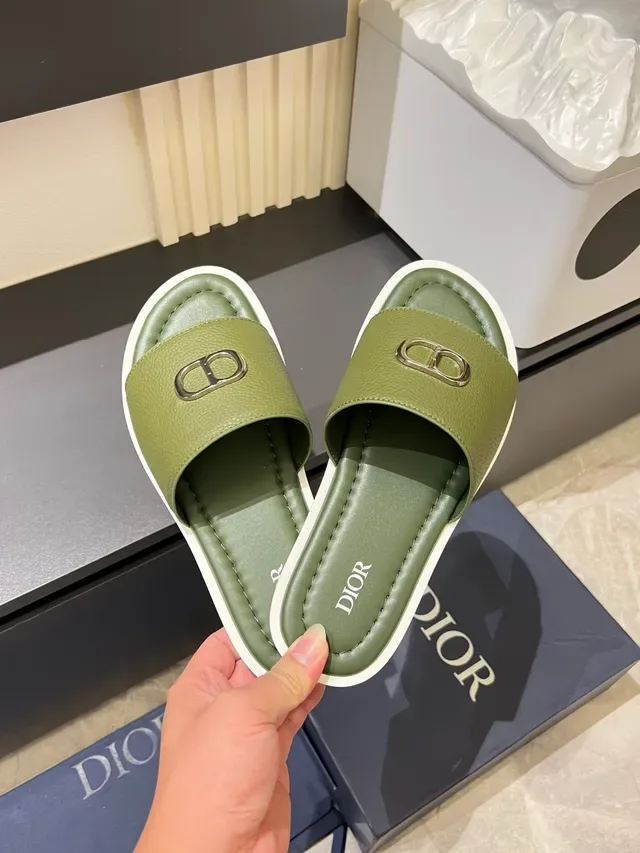 Dior Slide Green White Leather Upper Metal CD Logo Buckle Slippers 3