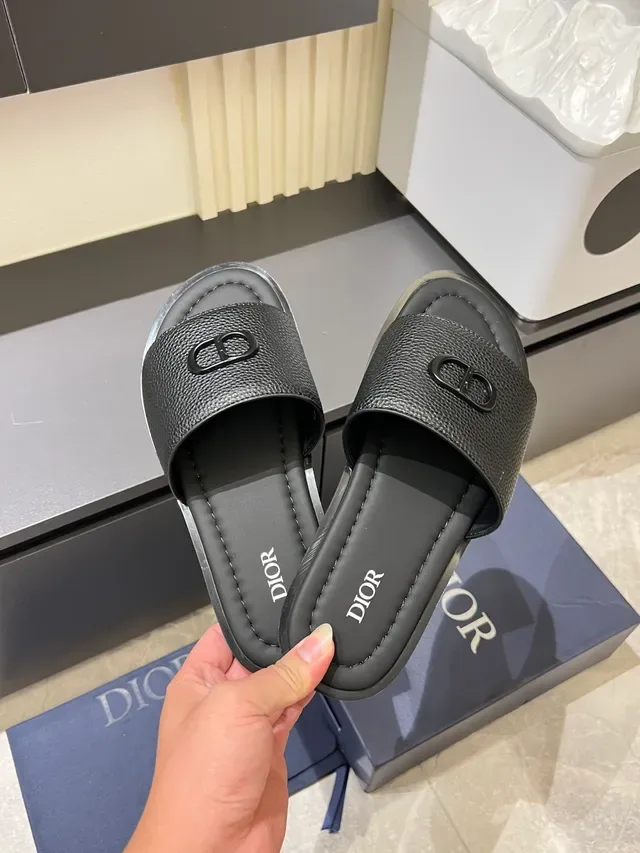 Dior Slide Green White Leather Upper Metal CD Logo Buckle Slippers 7