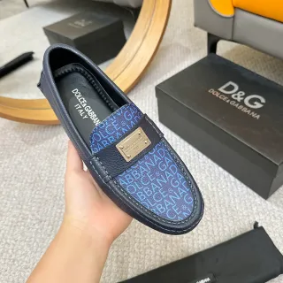 Dolce & Gabbana Portofino Mocassin Bleu Marine Monogram-Print Vamp Plaque Métal Accent