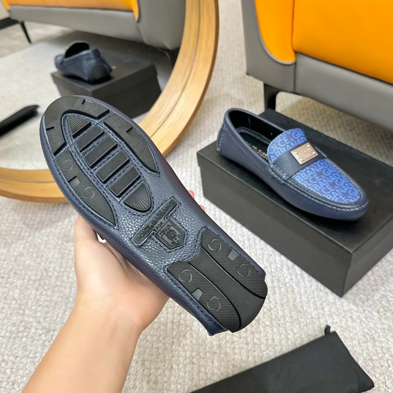 Dolce & Gabbana Portofino Mocasín Azul Marino Monogram-Print Vamp Placa de Metal Acento 7