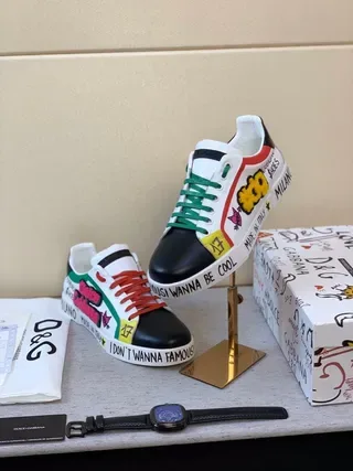 Dolce & Gabbana White Multicolor Graphic-Print Text-Accented Lifestyle Sneakers 1