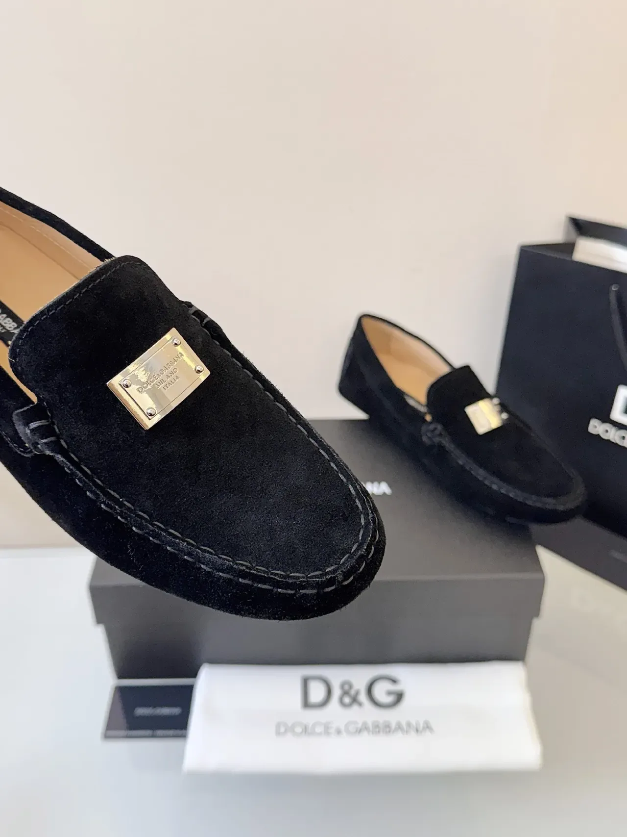 Dolce & Gabbana Loafer Black Gold Suede Metal Plaque Detail Loafer 3