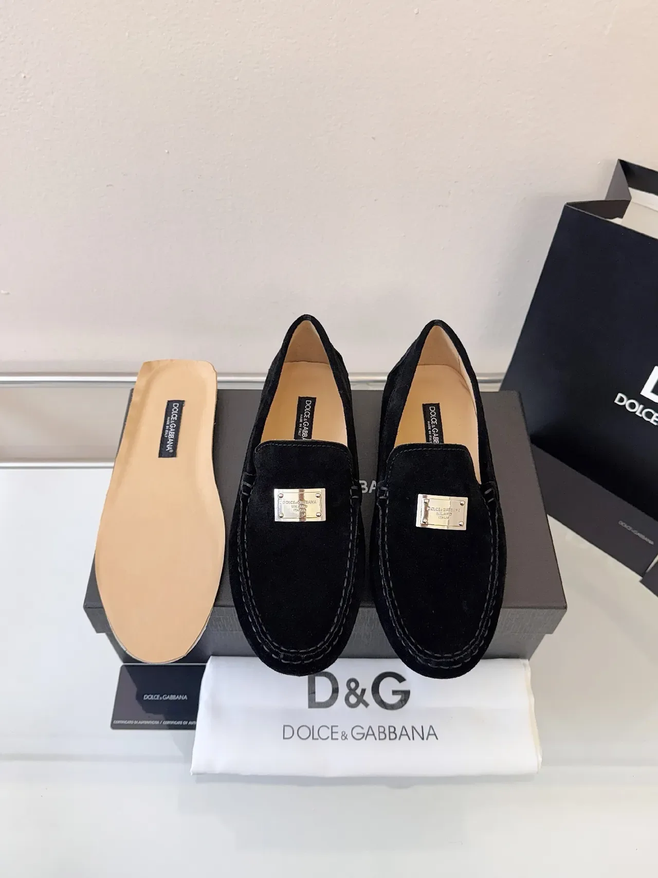 Dolce & Gabbana Loafer Black Gold Suede Metal Plaque Detail Loafer 6