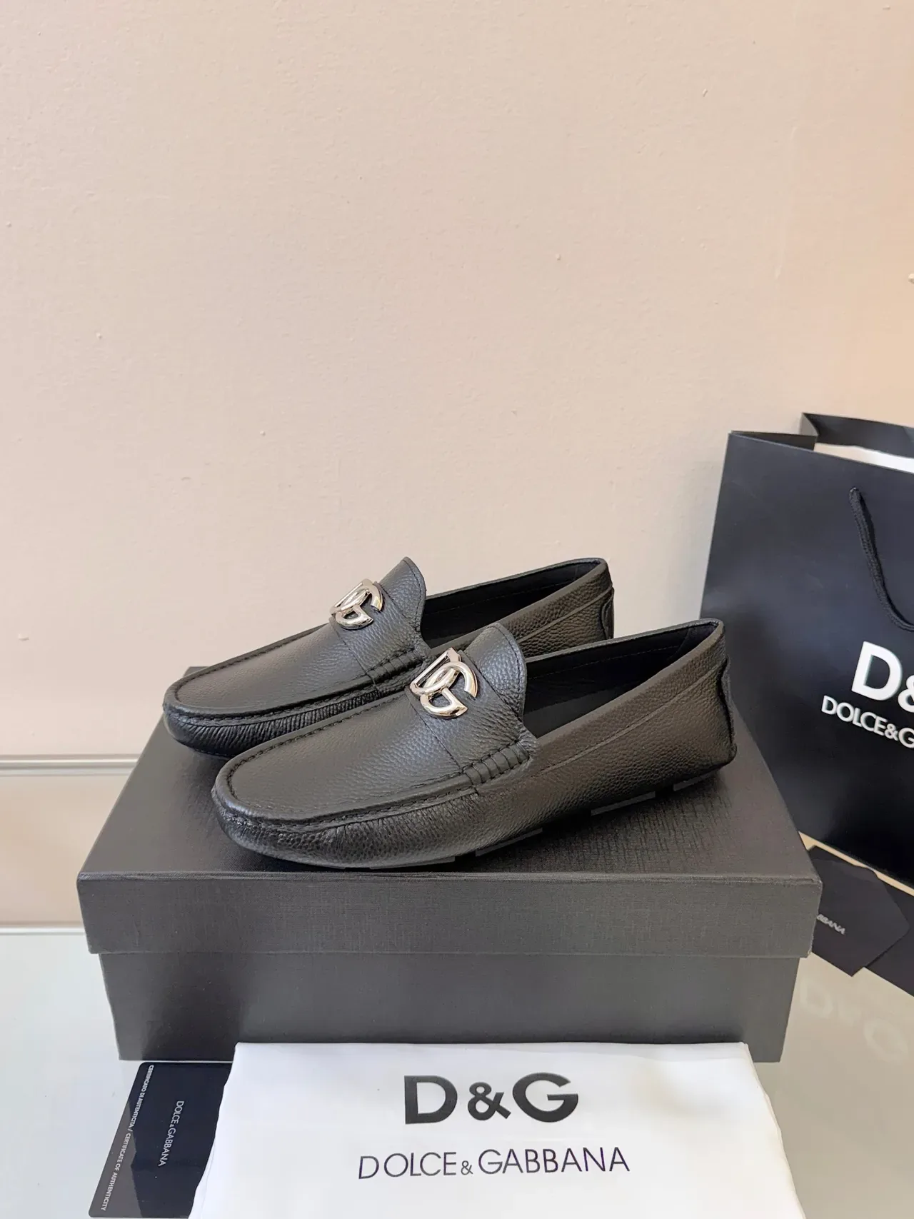 Dolce & Gabbana Portofino Black Pebbled Leather DG Buckle Loafers 2