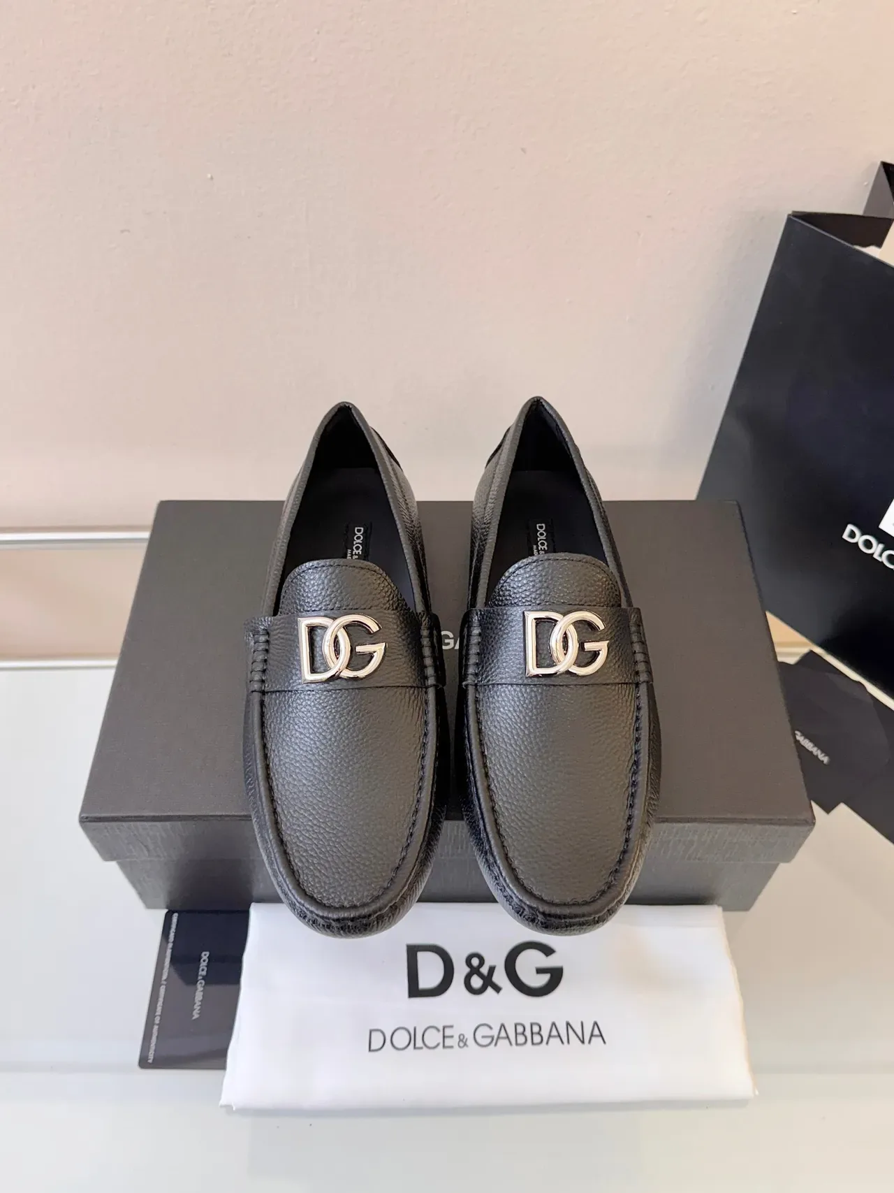 Dolce & Gabbana Portofino Black Pebbled Leather DG Buckle Loafers 6