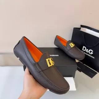 Dolce & Gabbana Portofino 棕橙色粒面皮革 金色 DG Logo 扣 乐福鞋