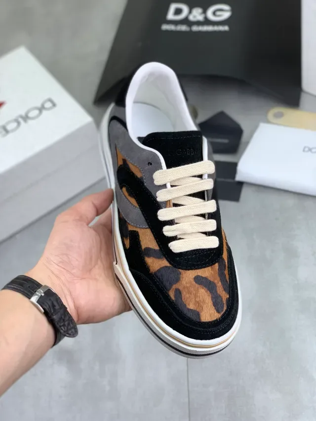 Dolce & Gabbana Portofino Multicolor Bege Impressão de Leopardo Couro com pelo Painéis de Camurça em camadas Tênis Lifestyle 1