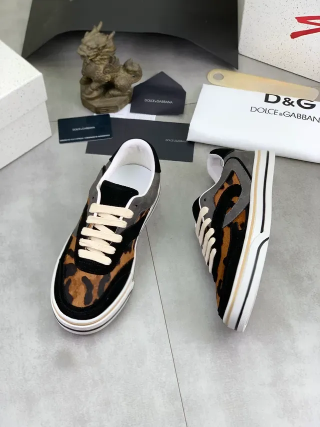 Dolce & Gabbana Portofino Multicolor Bege Impressão de Leopardo Couro com pelo Painéis de Camurça em camadas Tênis Lifestyle 4