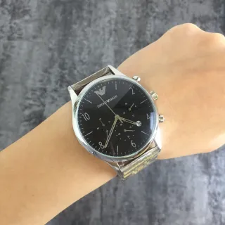 Emporio Armani क्रोनोग्राफ काली डायल सिल्वर टोन क्वार्ट्ज घड़ी