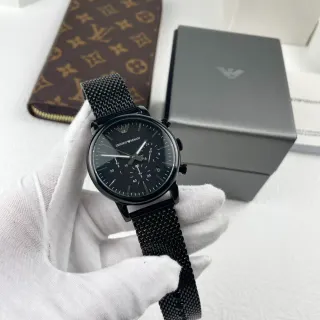 Emporio Armani क्रोनोग्राफ काली मेश पट्टी क्वार्ट्ज घड़ी