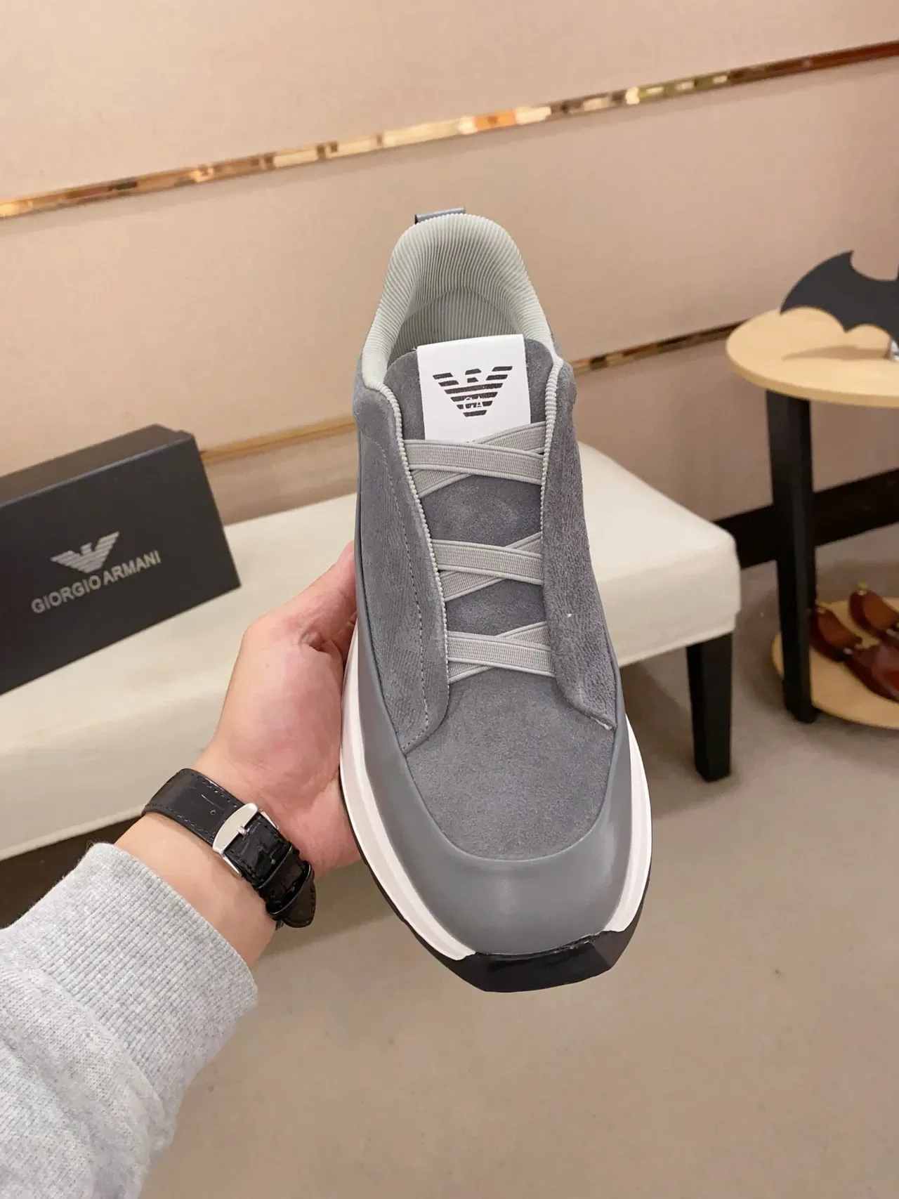 Emporio Armani رمادي أبيض بدون أحزمة قاعدة متعددة الطبقات أحذية أسلوب حياة 2