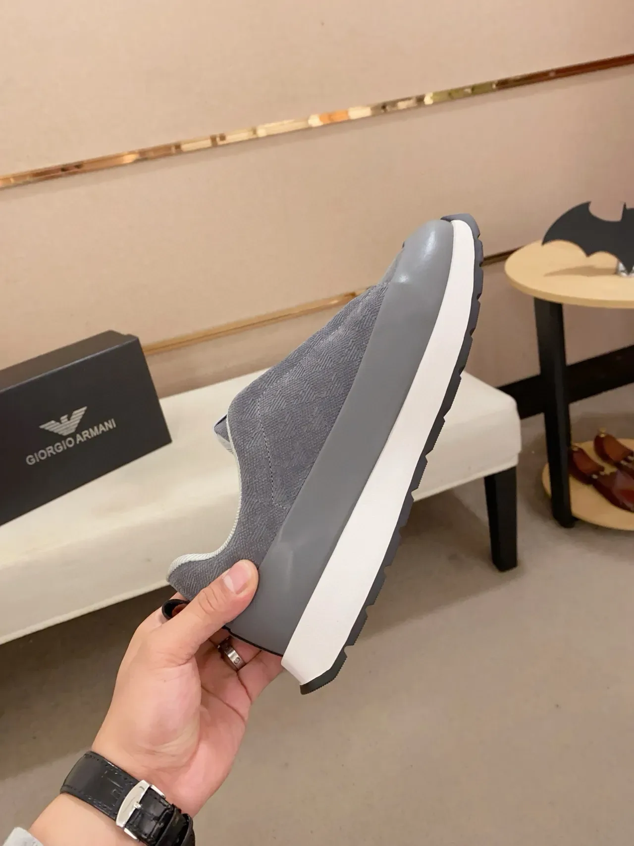 Emporio Armani رمادي أبيض بدون أحزمة قاعدة متعددة الطبقات أحذية أسلوب حياة 5