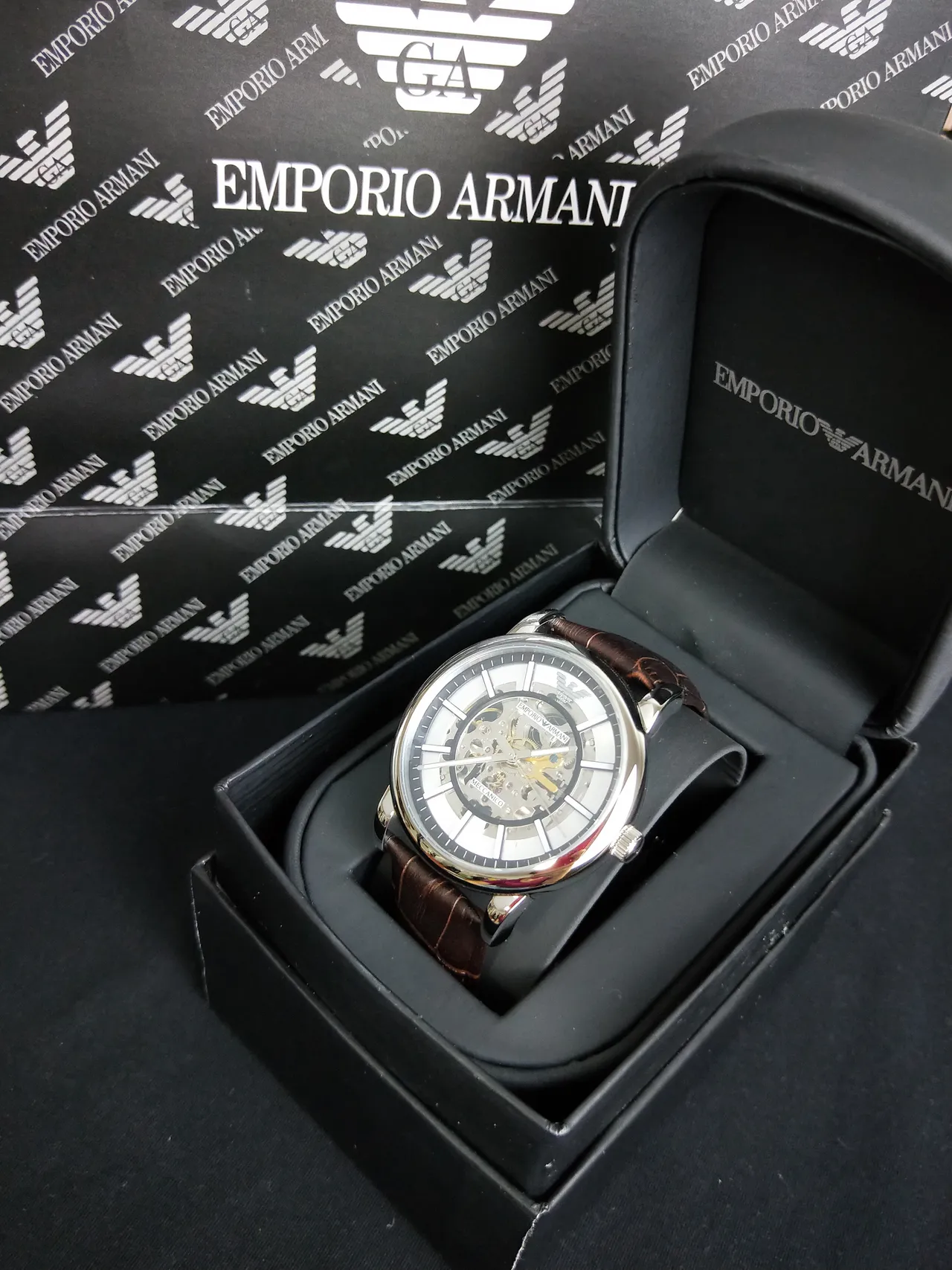 Emporio Armani Meccanico খোলা ডায়াল কালো চামড়ার ফিতা যান্ত্রিক ঘড়ি 3