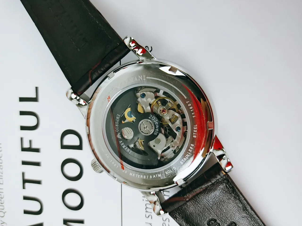 Emporio Armani Meccanico খোলা ডায়াল কালো চামড়ার ফিতা যান্ত্রিক ঘড়ি 8