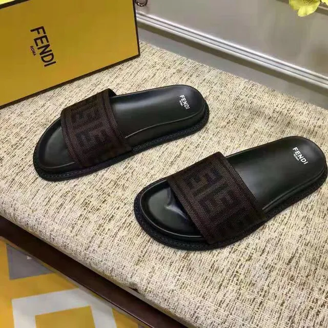 Fendi काला भूरा FF Monogram बुनाई पट्टी रबर सोल चप्पल 2