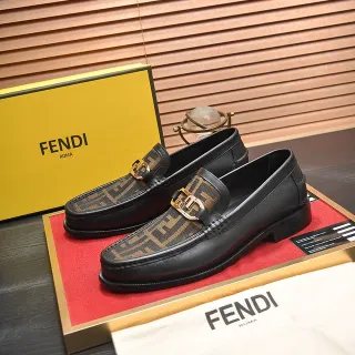 Fendi 黑色金色皮革 FF Monogram Fabric Panel Loafer