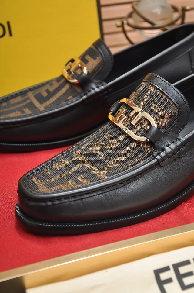 Fendi Black Gold Leather FF Monogram Fabric Panel Loafer 2