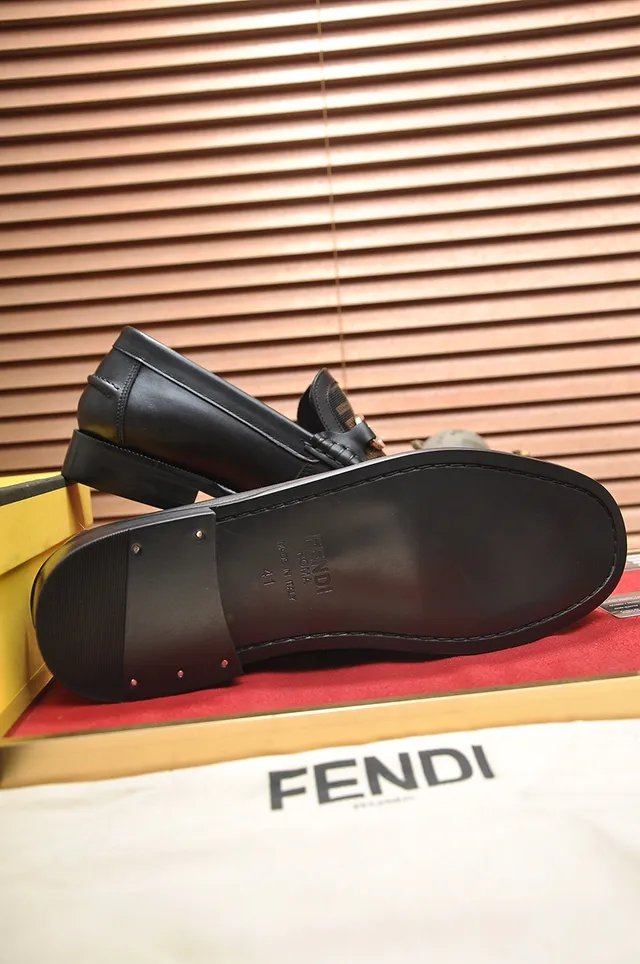 Fendi Black Gold Leather FF Monogram Fabric Panel Loafer 3