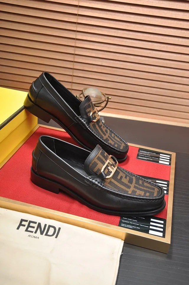 Fendi Black Gold Leather FF Monogram Fabric Panel Loafer 4