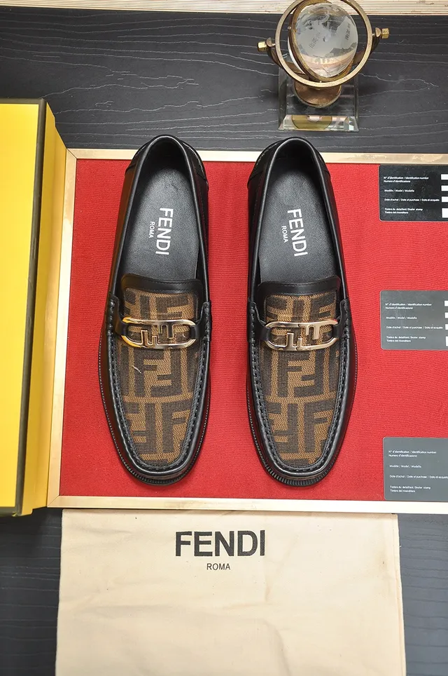Fendi Black Gold Leather FF Monogram Fabric Panel Loafer 5