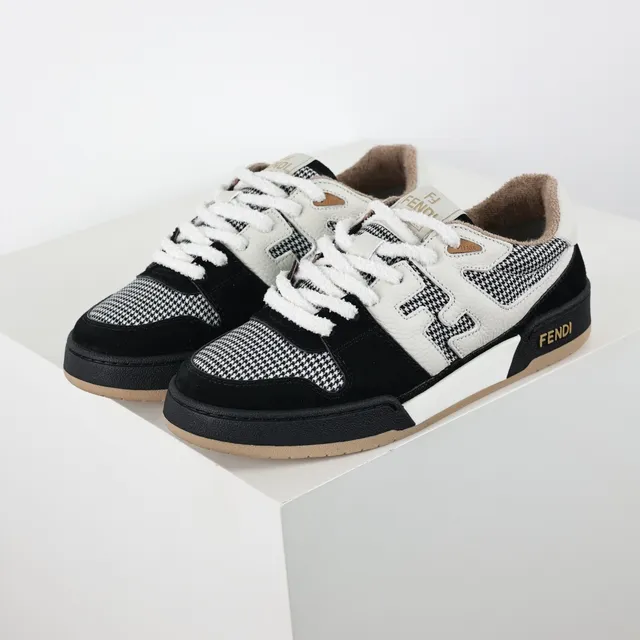 Fendi Negro y Blanco con Capas de Pata de Gallo y Ante Superior de Cuero FF Monogram Overlay Zapatillas Lifestyle 2