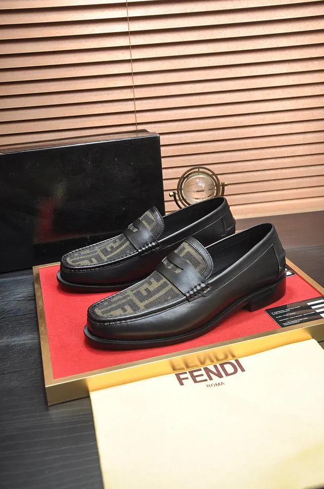 Fendi FF Loafer Black Beige Leather Zucca Fabric Vamp Loafer 4