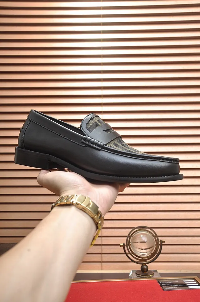 Fendi FF Loafer Black Beige Leather Zucca Fabric Vamp Loafer 5