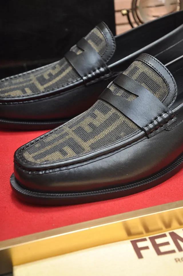 Fendi FF Loafer Black Beige Leather Zucca Fabric Vamp Loafer 8