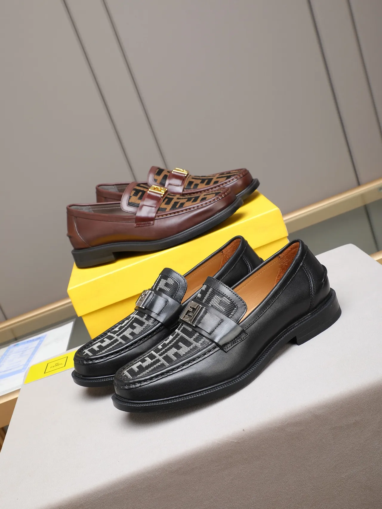 Fendi FF Logo Loafer Brown Black Leather Monogram Fabric Vamp Loafer 2