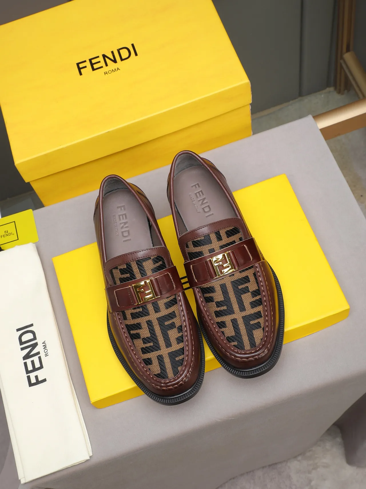 Fendi FF Logo Loafer Brown Black Leather Monogram Fabric Vamp Loafer 3