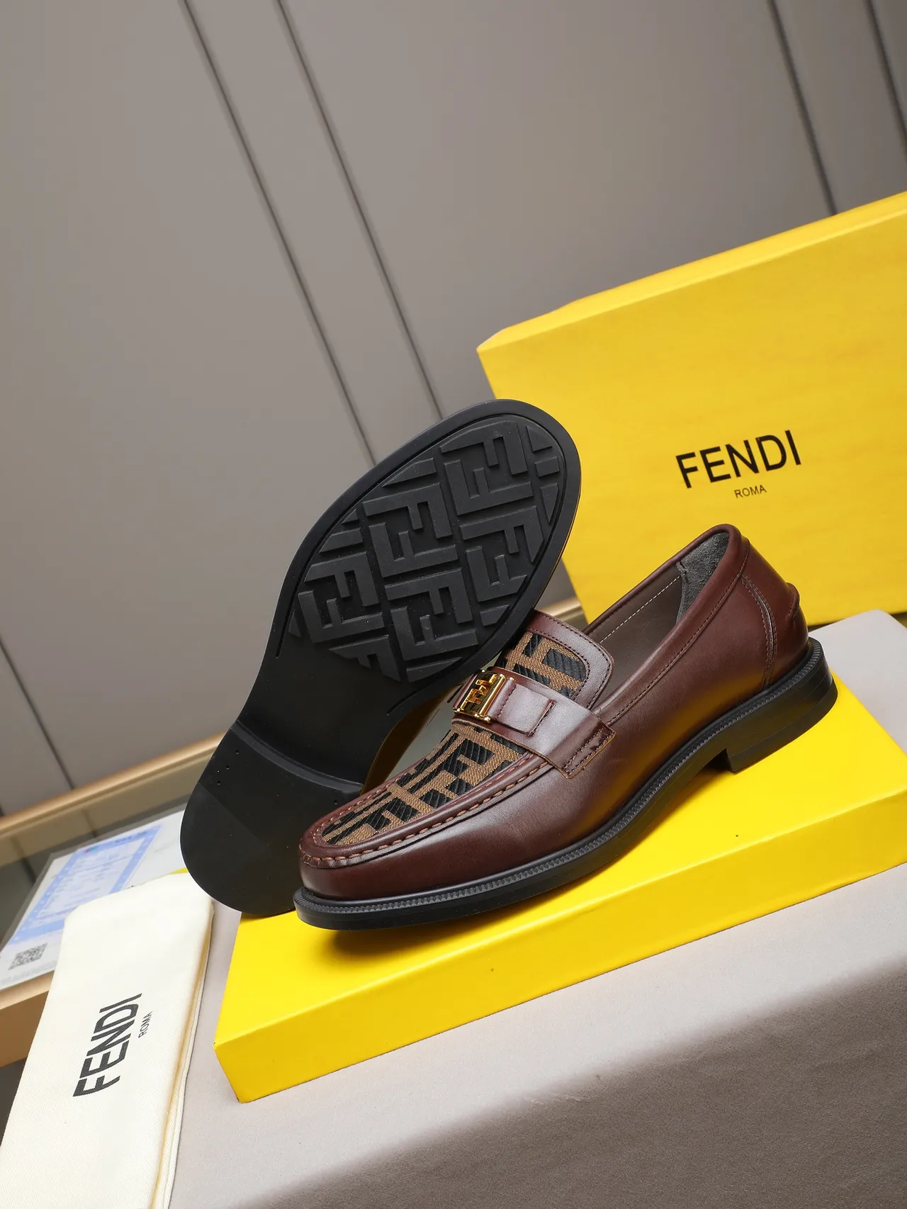 Fendi FF Logo Loafer Brown Black Leather Monogram Fabric Vamp Loafer 4