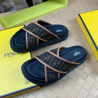 Fendi FF Slide নেভি বিজ মনোগ্রাম জ্যাকার্ড স্ট্র্যাপস ক্রসড স্ট্র্যাপ ডিজাইন স্লিপার্স