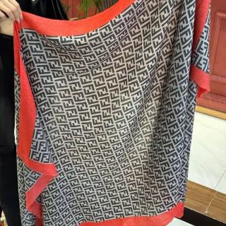 Fendi Gray Red Monogram-Print Glitter-Trimmed Border Shawl