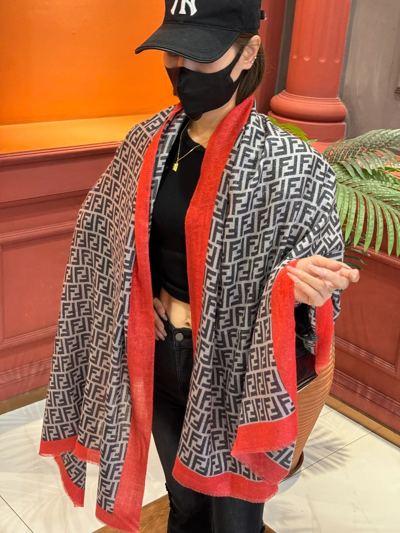 Fendi Gray Red Monogram-Print Glitter-Trimmed Border Shawl 2