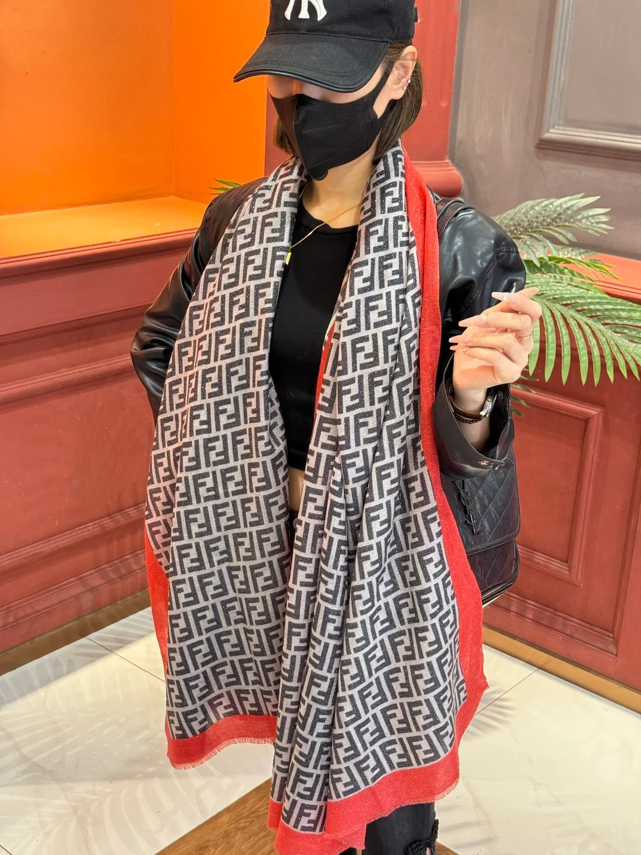 Fendi Gray Red Monogram-Print Glitter-Trimmed Border Shawl 3