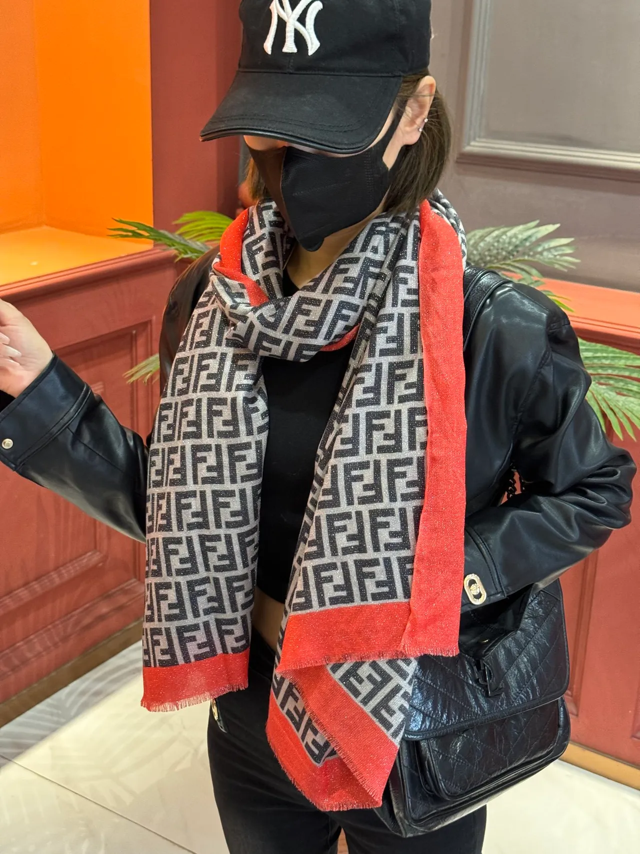 Fendi Gray Red Monogram-Print Glitter-Trimmed Border Shawl 4