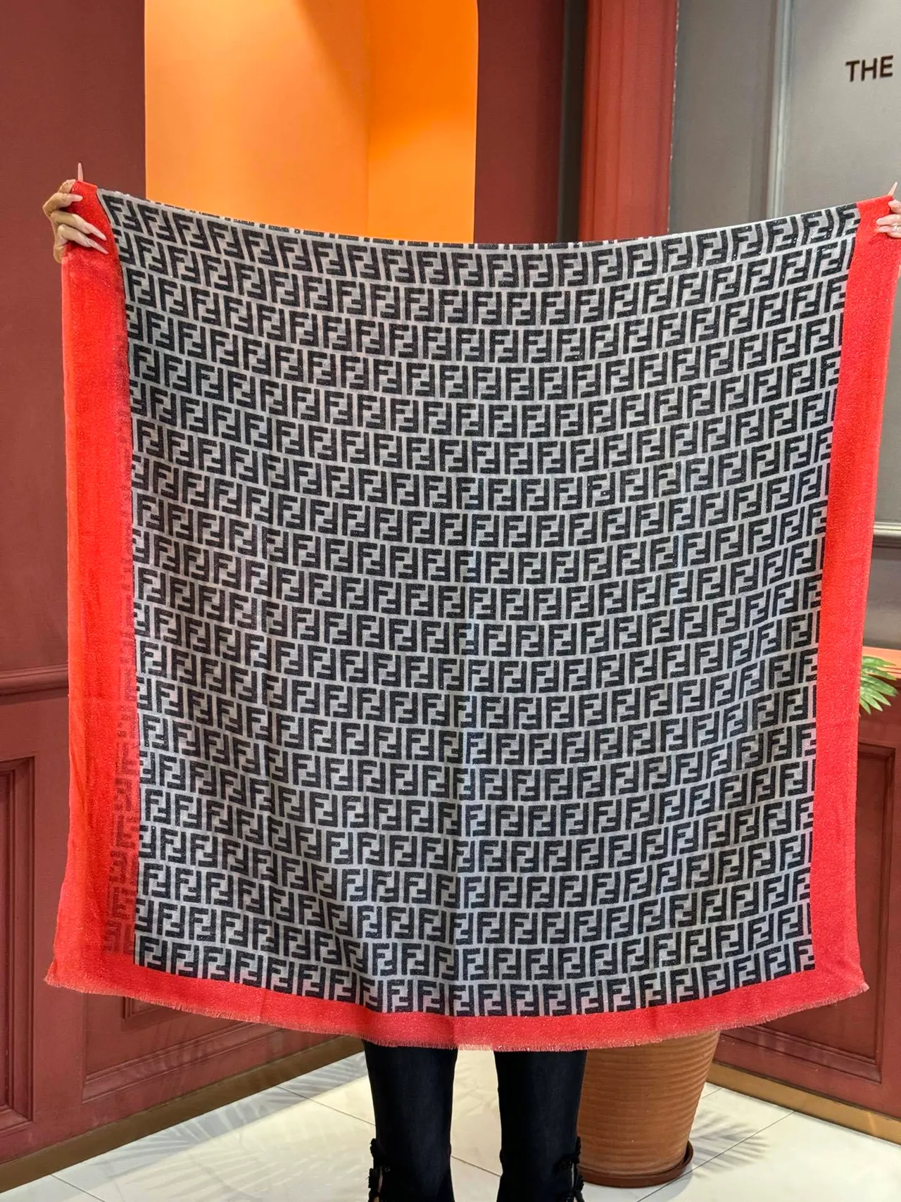Fendi Gray Red Monogram-Print Glitter-Trimmed Border Shawl 9