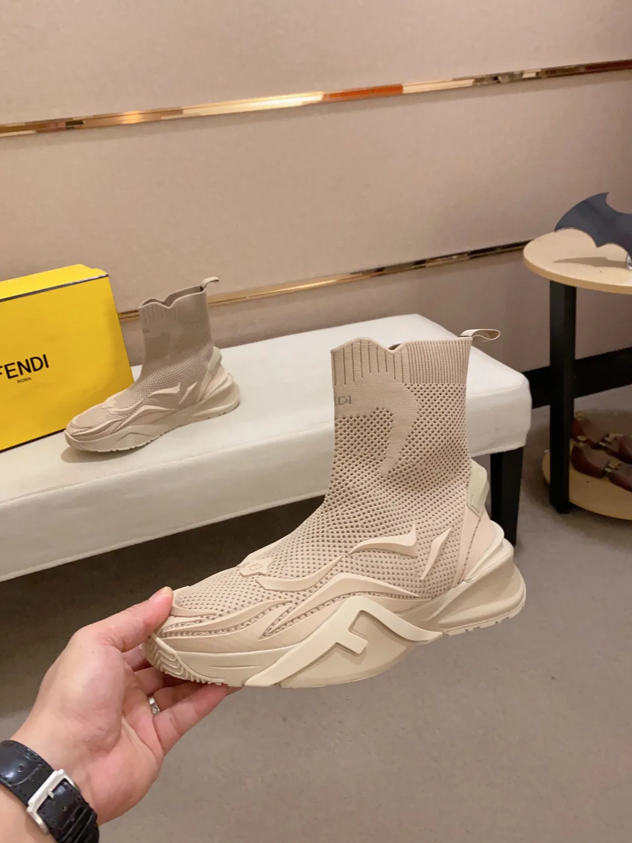 Fendi Speed Trainer Beige 针织袜套式厚底运动鞋 4