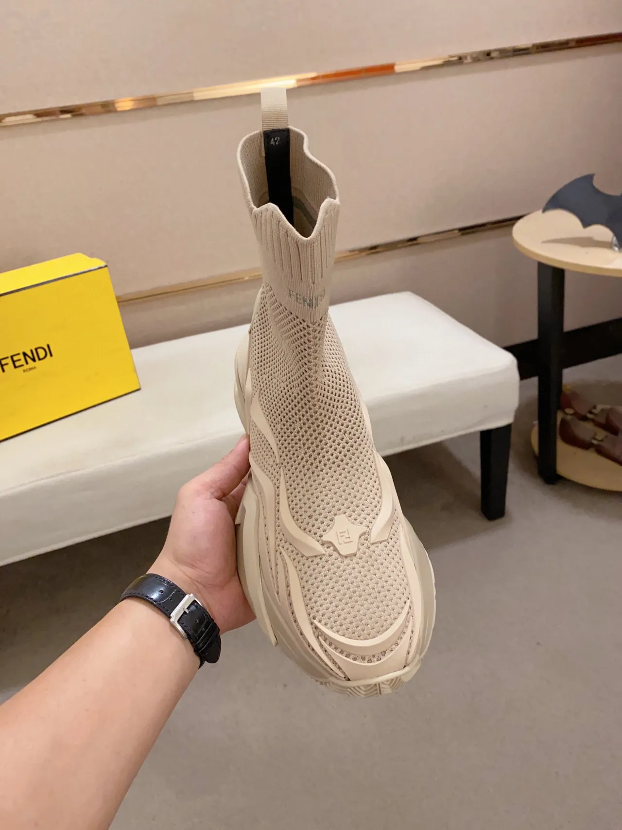Fendi Speed Trainer Beige 针织袜套式厚底运动鞋 5